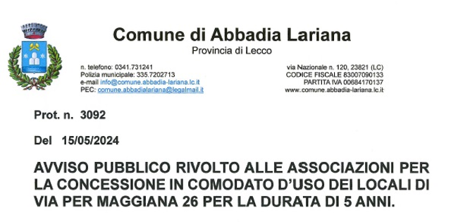 Avviso Pubblico rivolto alle Associazioni per la Concessione in Comodato d’Uso dei Locali di via per Maggiana 26 per la durata di 5 anni